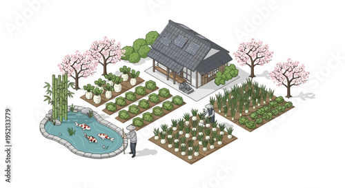 Japanese Garden: A tranquil Japanese garden scene with a traditional house, lush greenery, and serene koi pond, embodying peace and harmony.