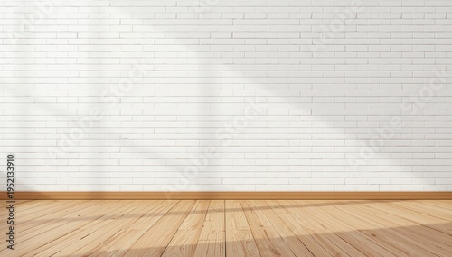White brick wall and wooden floor, mock up,copy space,3d rendering