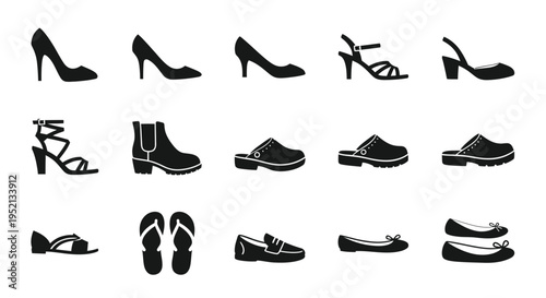 Elegant Footwear Collection: A stylish array of various footwear styles, including heels, sandals, and flats, presented in sleek, minimalist silhouettes for fashion inspiration.