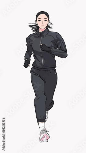 Young woman runs on a track in athletic gear during daytime, showing focus and determination while exercising outdoors