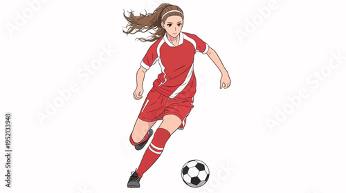 Young woman trains in soccer gear while kicking a ball on a field during a sunny day with clear skies and bright sunshine
