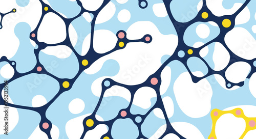 Abstract network of connected molecules or cells with blue, yellow, and pink dots on a light blue background
