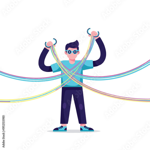 Modern flat illustration of a man tangled in colorful data wires, symbolizing digital complexity, information overload, and technology challenges.