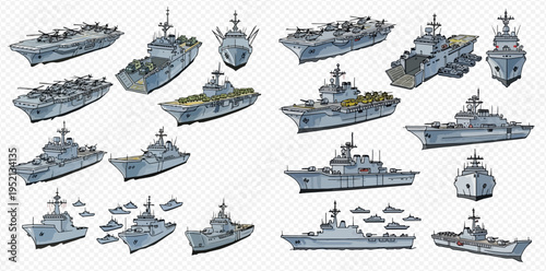 Collection of various naval warships, aircraft carriers, destroyers, and military vessels for defense and combat.