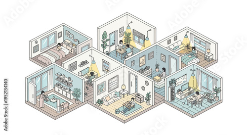 Isometric Home Illustration: An isometric illustration provides a comprehensive view of various connected rooms in a home, each styled and furnished uniquely, depicting diverse domestic activities.