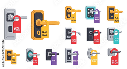 Do Not Disturb Door Sign Collection: A varied set of door handles, each adorned with a vibrant Do Not Disturb sign, communicating privacy.