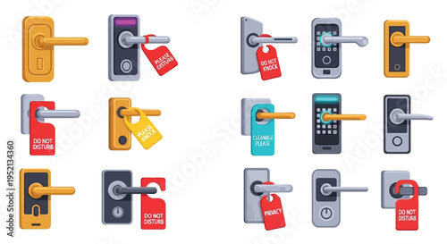 Door Handle Collection: A collection of various door handles, each adorned with a 'Do Not Disturb' sign, showcasing different designs and materials for room entry.