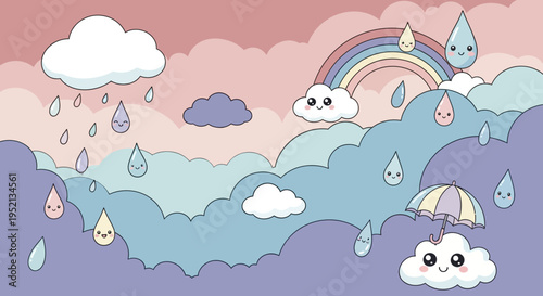Cute cartoon clouds raining on a pastel sky background with tiny umbrellas, depicting sweet whimsical weather.