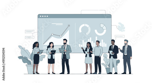 Business Analytics Team: A skilled analytics team engages with insightful data visualizations, fostering strategic discussion and collaborative efforts for business success.