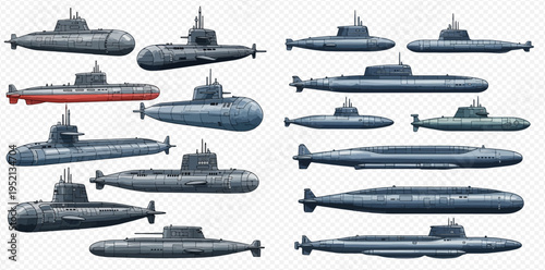 Collection of various military submarines, including nuclear and diesel-electric types, isolated on a transparent background.