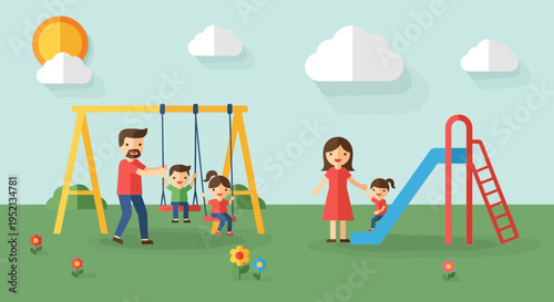 Happy family spending quality time at a bright outdoor playground, with parents pushing children on swings and playing on a slide under a sunny sky with clouds and flowers