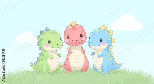 Three cute baby dinosaurs, a green, a pink, and a blue one, standing together happily on a grassy patch in a bright studio with a soft blue sky background