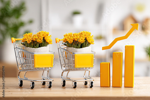 Two miniature shopping carts with yellow flowers inside sit next to an ascending orange bar graph on a wooden surface.