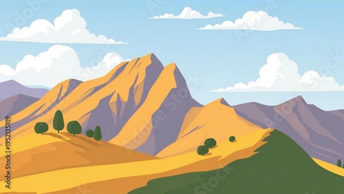 Golden mountain peaks under a blue sky with fluffy clouds