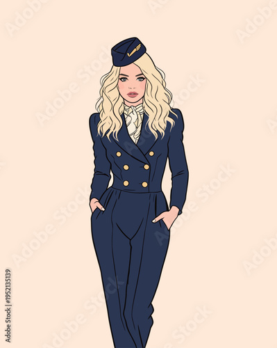 Flight attendant poses confidently in stylish uniform with hat on her head in an animated setting