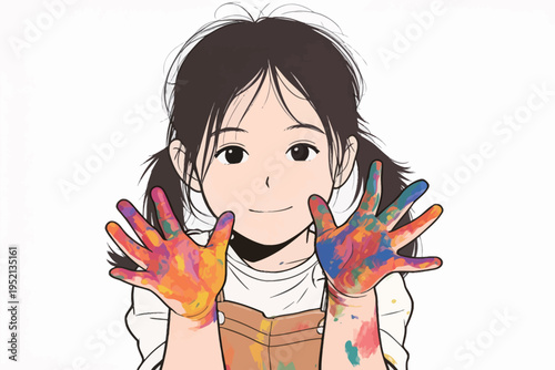 Child shows hands covered in colorful paint after painting activity at home on a sunny day