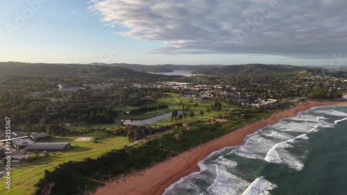 Aerial View of Warriewood Beach and Coastal Cliffs, Northern Beaches Sydney NSW Australia at Golden Hour