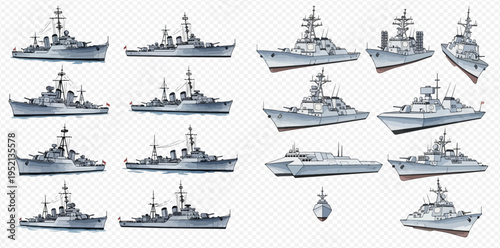 Set of various modern and historical military ships and warships for naval warfare.