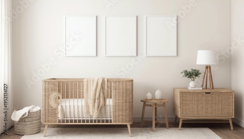 nursery interior with three white-framed posters above a wicker crib and a small wooden side table