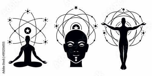 Three silhouetted figures with orbital patterns representing spiritual connection