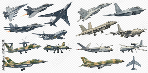 Collection of various military aircraft, including fighter jets, bombers, and reconnaissance planes, on a transparent background.