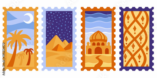 Four colorful postage stamps depicting iconic scenes from the middle east