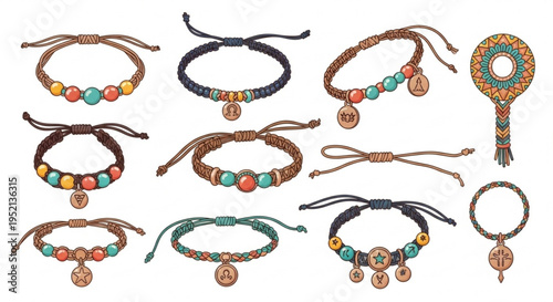 Vibrant beaded bracelets with charms on brown cord colorful jewelry set on white background eclectic fashion accessories