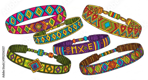 Vibrant colorful woven fabric bracelets with geometric patterns and designs on white background