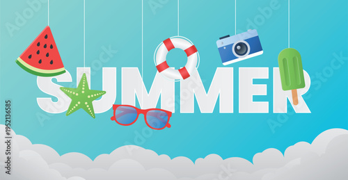Colorful summer graphic with hanging objects and text