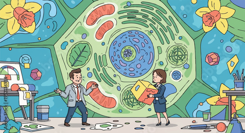 Scientists Illustrating Plant Cell Structure with Organelles in a Bright, Engaging Cartoon Style