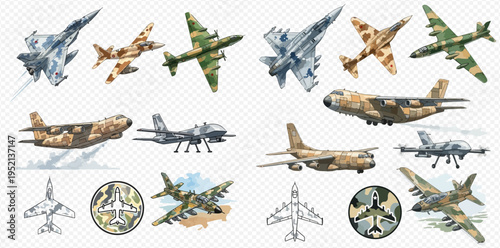 Set of military aircraft, including fighter jets, transport planes, and drones, with camouflage patterns and outlines.