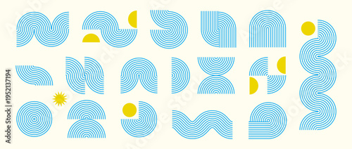 Blue boho line element collection. Bohemian decorative wave curve form set for badge, logo, card, poster, banner. Vector fresh wavy arc shapes. Mid century geometric lemon yellow arch zigzag objects