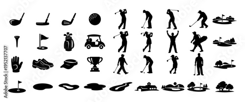 Golf Silhouette Icons Set – Players, Equipment and Course Landscape Collection Black Vector