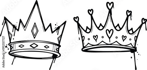 Hand-drawn vector crowns with heart details and jewel elements