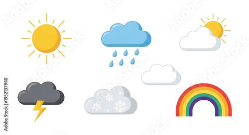 Collection of weather icons including sun clouds rain lightning and rainbow.