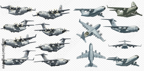 Collection of military transport aircraft in various views, including side, front, top, and perspective angles, on a transparent background.