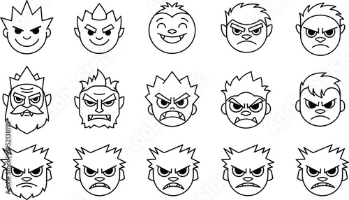 Cartoon face expressions set, happy, angry, serious, and confused emotions, different male characters, vector design, emotional character icons, funny faces
