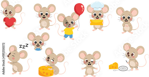 Cartoon mice characters, cute mouse emotions, animal activities, vector rodents with accessories, sleeping, cooking, drawing, eating cheese, holding heart, balloon