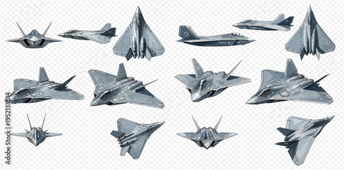 Collection of modern military fighter jets and stealth aircraft in various angles and perspectives, isolated on a transparent background.