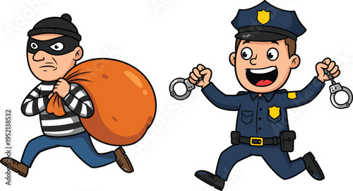 Cartoon police officer chasing thief, funny burglar with money bag, law enforcement character holding handcuffs, crime prevention concept, justice, vector illustration