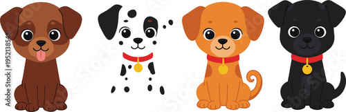 Cartoon puppies sitting in row, cute dog illustration, colorful puppy characters, red collars, playful pets, vector animal design