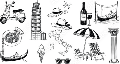 Italian Vacation Icons: Leaning Tower, Gondola, Vespa, Wine, Food & More
