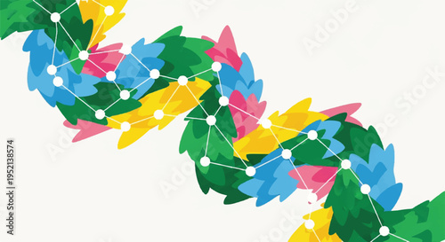 Abstract colorful DNA helix with nodes and lines, representing science, genetics, and interconnectedness