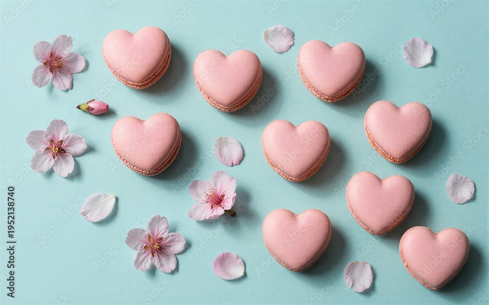 Obraz premium Pink heart macarons with cherry blossoms on a soft blue background.