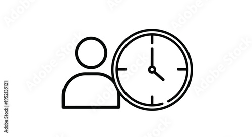 Vector illustration monochrome minimal person next to clock face on white background