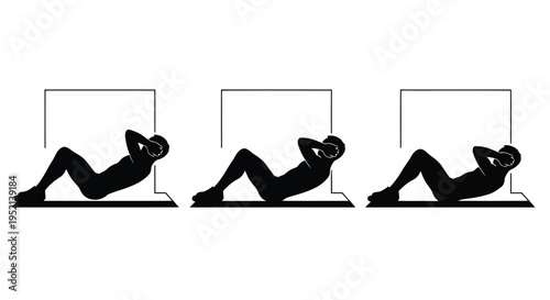 Vector illustration monochrome minimal crunches exercise sequence with silhouette figures on white background