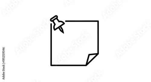 Vector illustration monochrome minimal paper note with black pushpin on white background