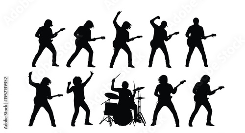 Vector illustration of Silhouetted Rock Band Performing on Stage with Instruments