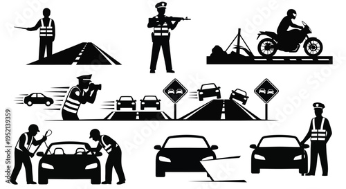 Vector illustration of Road Safety and Traffic Control with Various Silhouettes and Signs