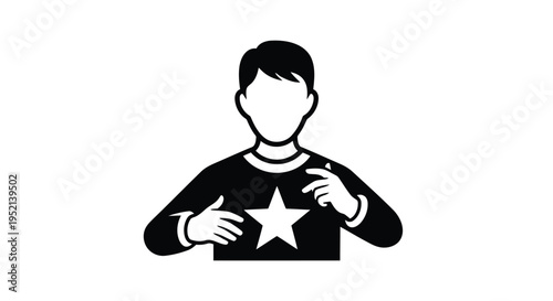 Vector illustration monochrome person pointing to a star on their shirt with a gesture